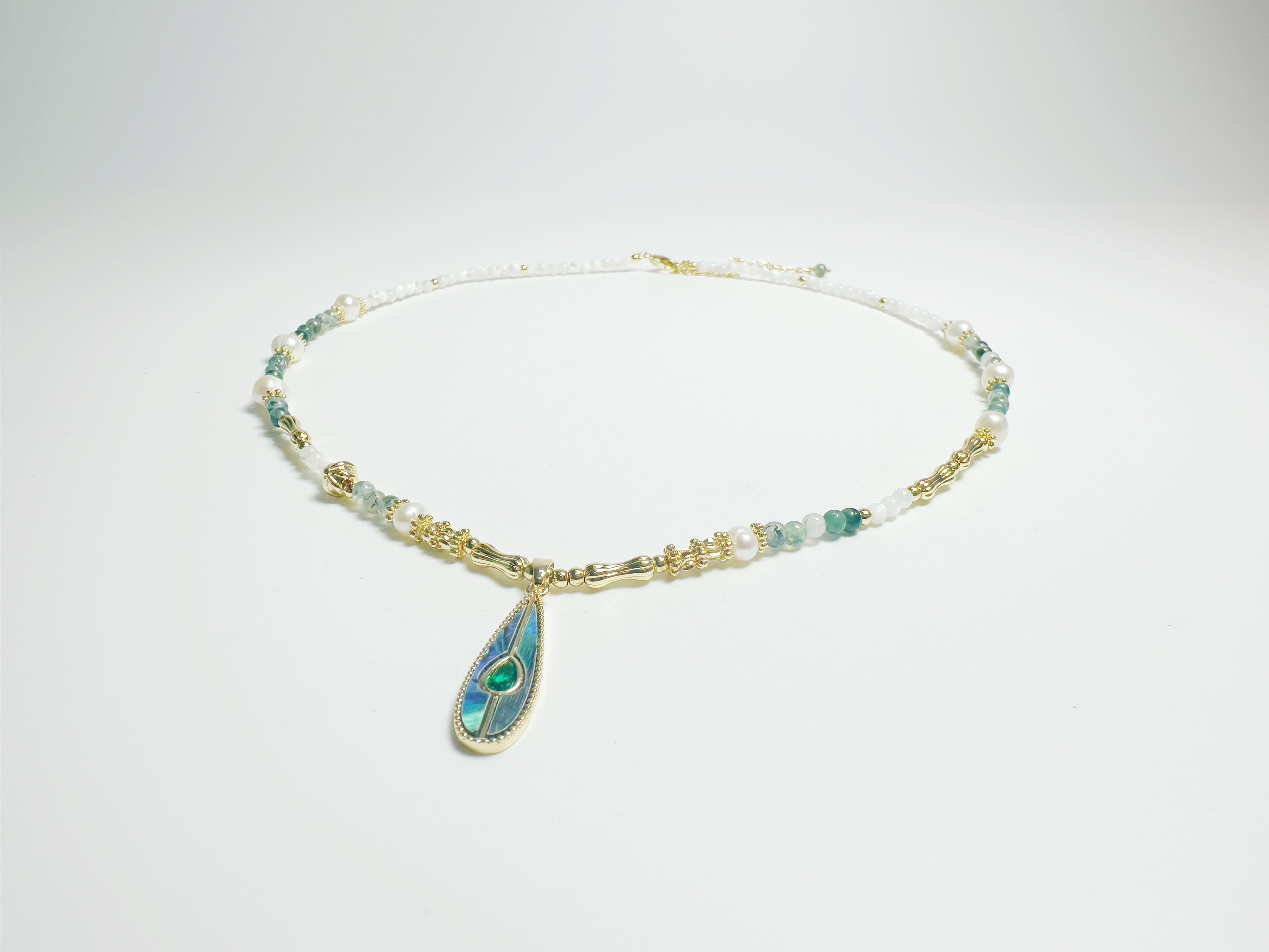 Feng Shui  jade pendant - metaphysical prosperity jewelry . Mother-of-Pearl
& Abalone Shell & Alloy & Green Agate 