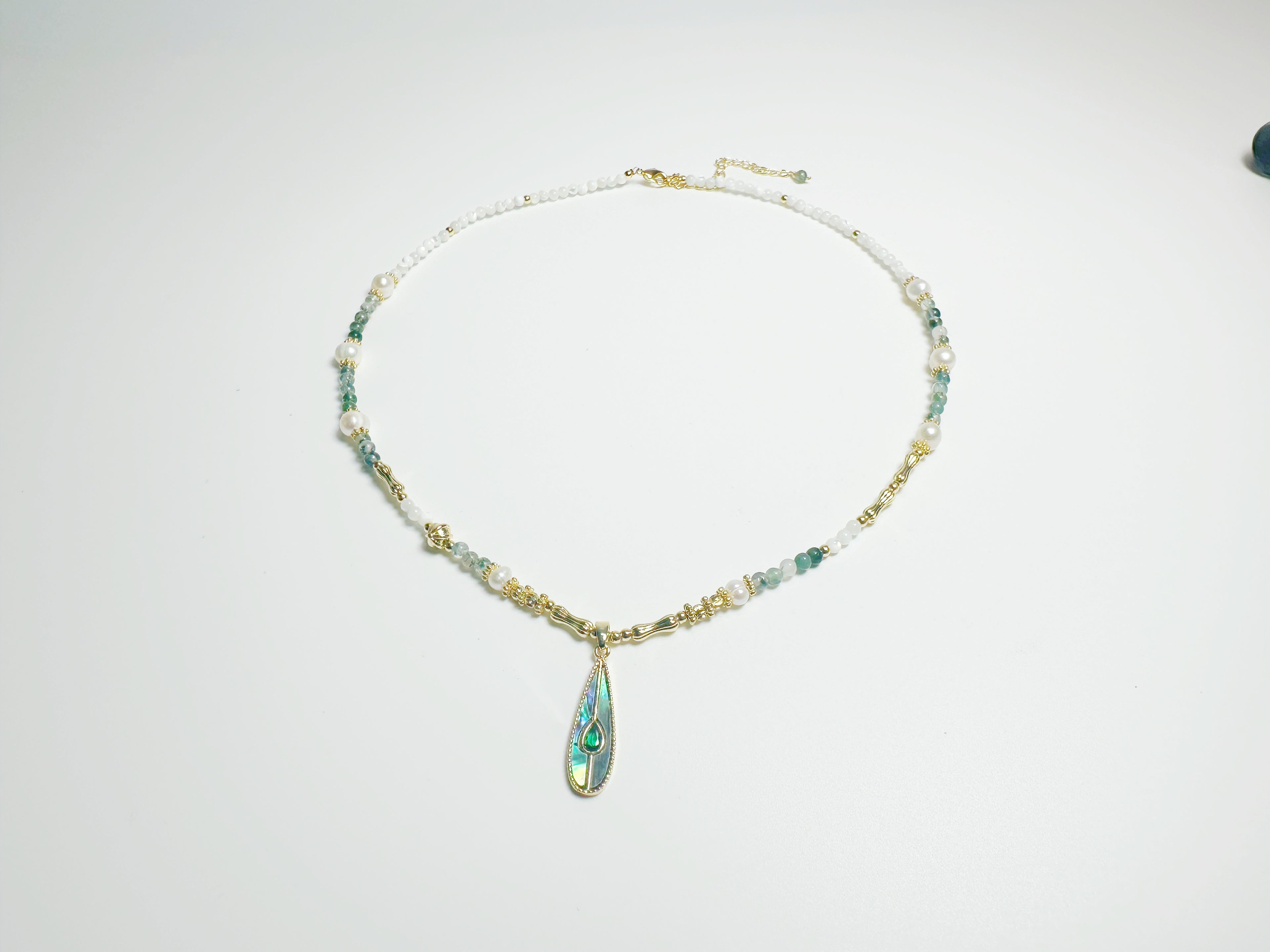 Feng Shui  jade pendant - metaphysical prosperity jewelry . Mother-of-Pearl
& Abalone Shell & Alloy & Green Agate 