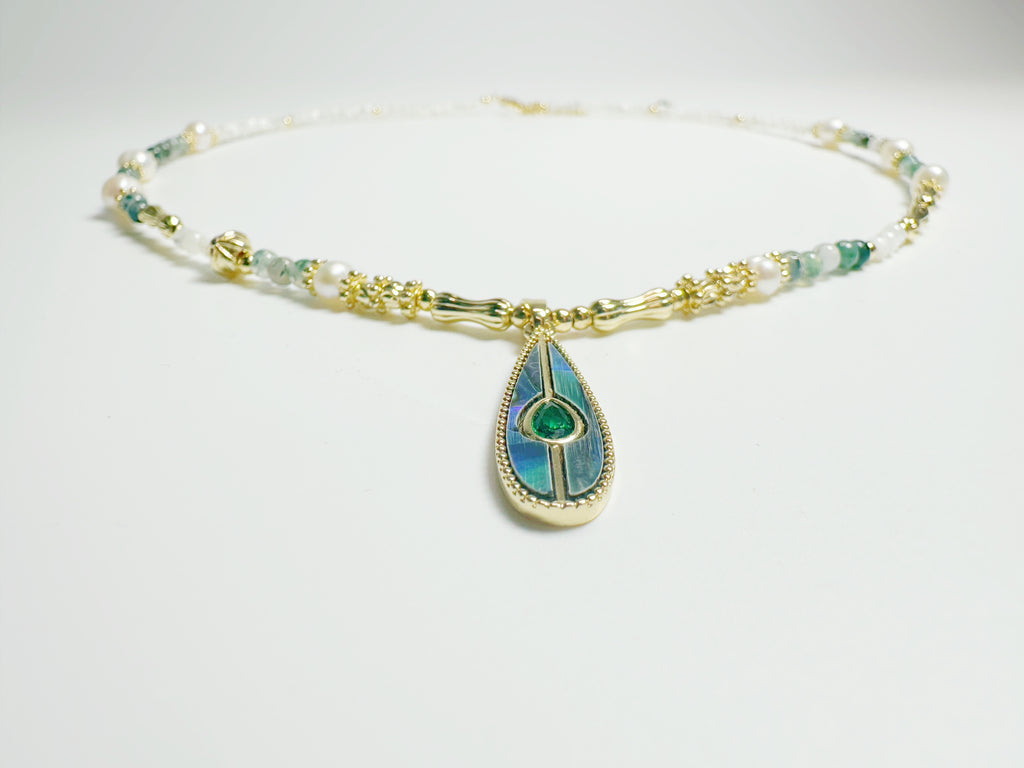 Feng Shui  jade pendant - metaphysical prosperity jewelry . Mother-of-Pearl
& Abalone Shell & Alloy & Green Agate 